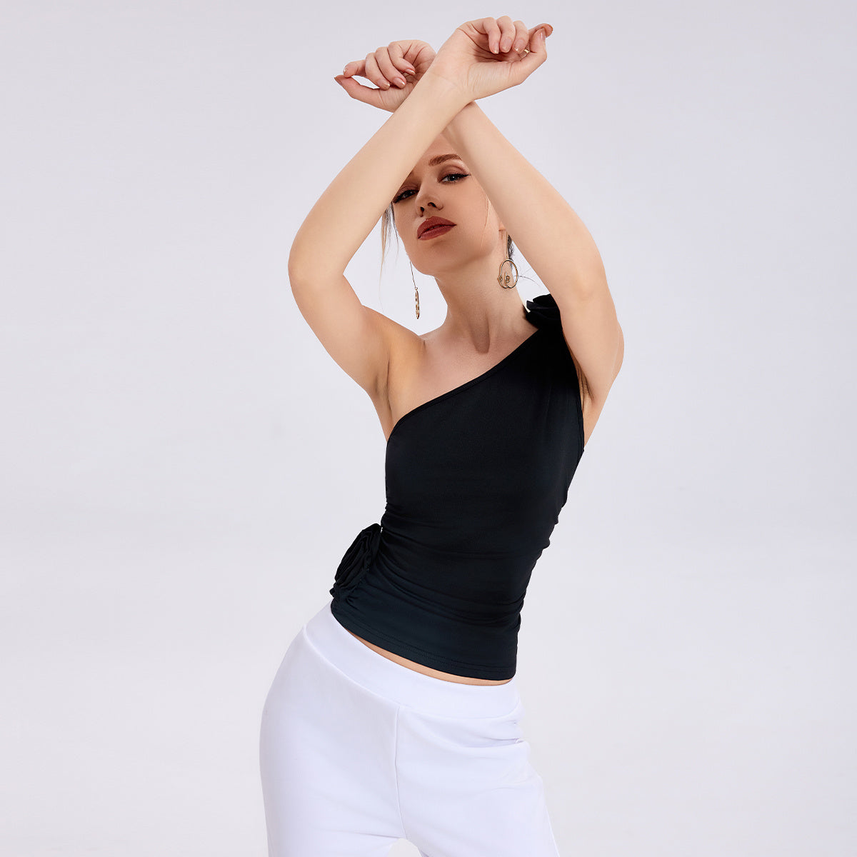 Women Three-dimensional Rose Flower One-shoulder Pleated Vest Tops