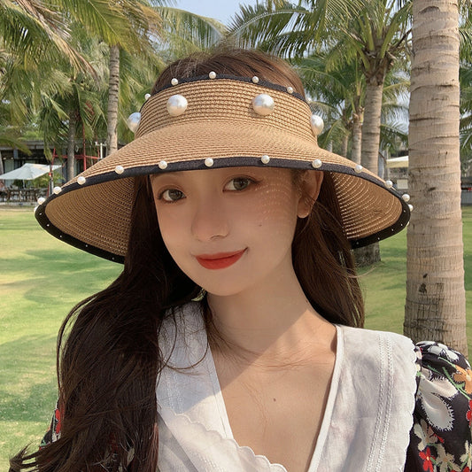 Women Straw Sun Protection Top Pearl Topless Travel Beach Hat