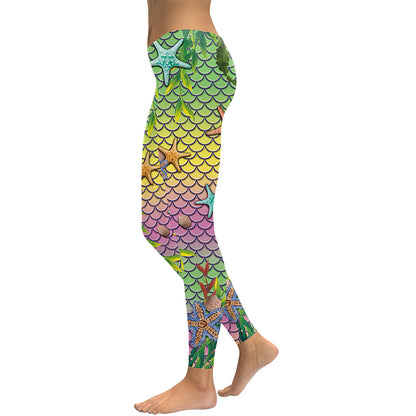 Women Mermaid Ocean Starfish Fish Scales Digital Print Leggings Workout Pants