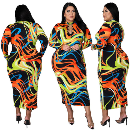 Plus Size Sexy Tight Sexy Long Sleeve Printed Night Club Party Dress