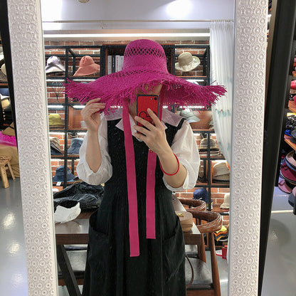 Women Fashion Tassel Big Brim Raffia Colorful Sunshade Hat
