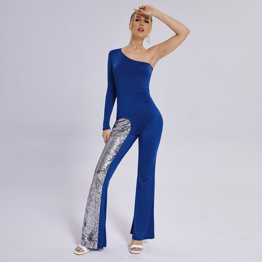 Women Fashion Mesh One Sleeve Flared Leg Jumpsuit