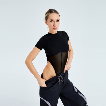 Women Mesh Gauze Splicing Round Neck Short Sleeved Bodysuits