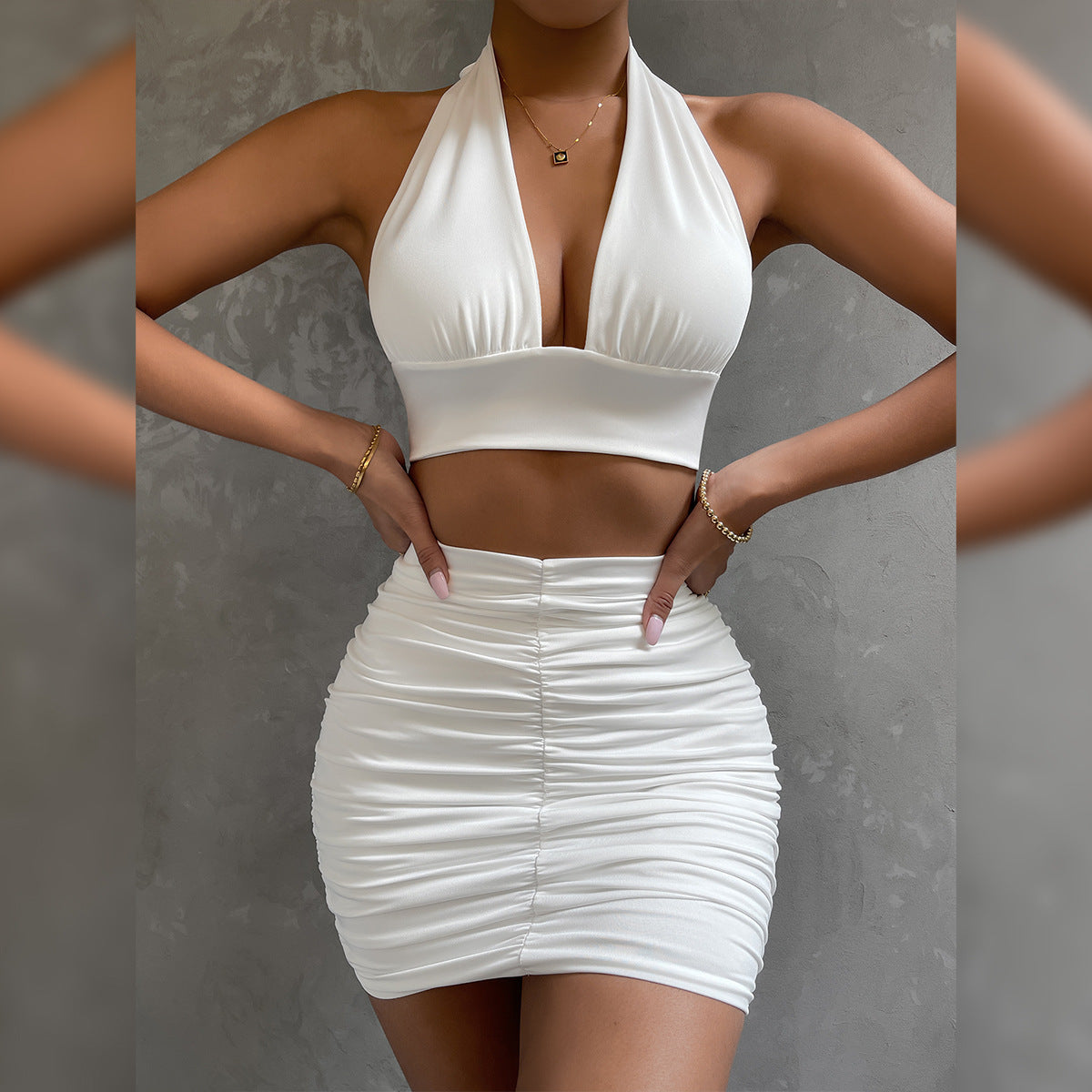 Two-pieces Women Halter Necktie Umbilical Fold V-neck Sling Bag Hip Skirt Set
