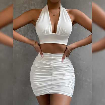 Two-pieces Women Halter Necktie Umbilical Fold V-neck Sling Bag Hip Skirt Set