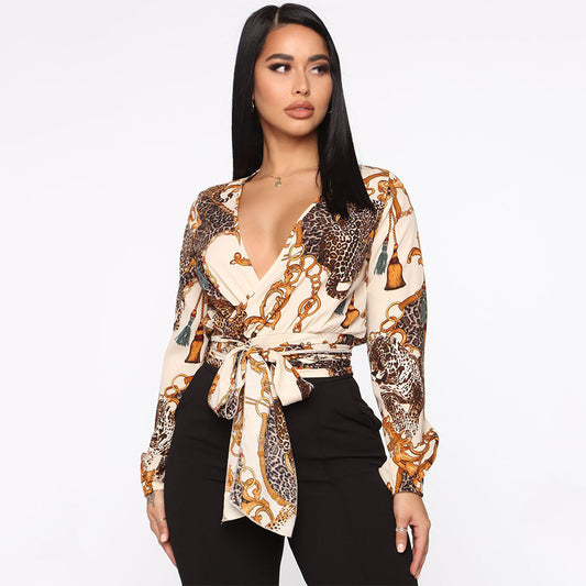 Sexy V-Neck Bow Tie Long-Sleeved Crop Party Tops Blouse