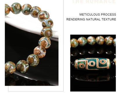 Women Men Retro Healing Buddha Prayer Natural Green Nine Eyes Tibetan Agate Barrel Beads Bracelet