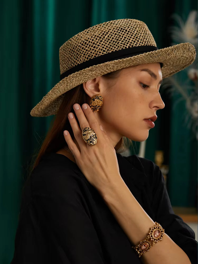 18K Gold-Plated Women Hand-Carved Floral Enamel Vintage Art Deco Ring