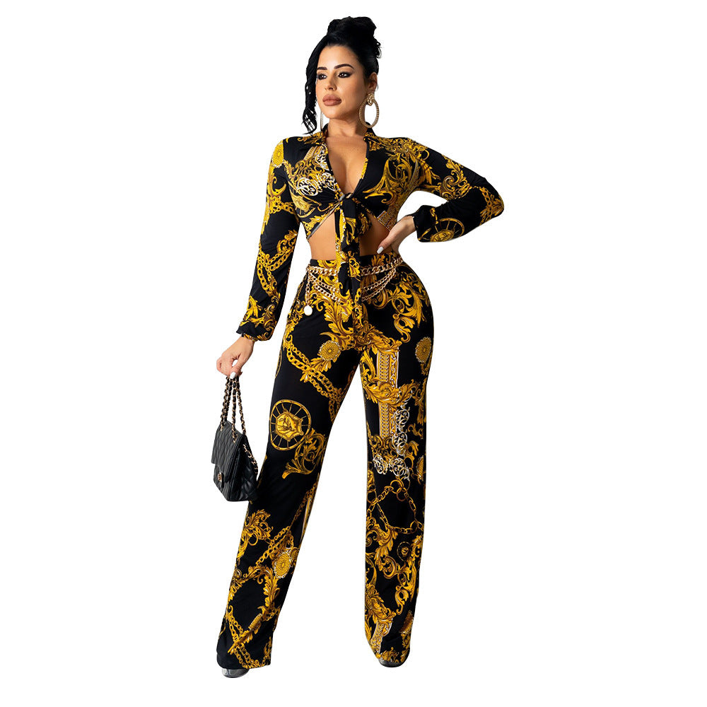 Sexy Milk Silk Printing Two-Piece Nightclub Tops + Pant Trouser Suit