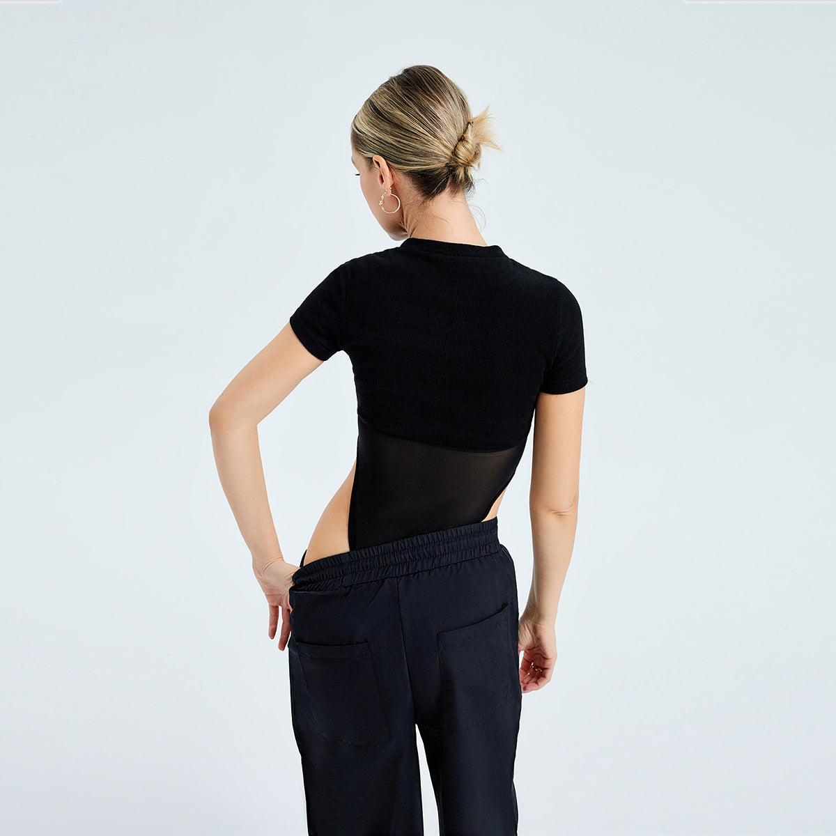 Women Mesh Gauze Splicing Round Neck Short Sleeved Bodysuits