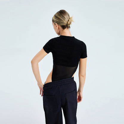 Women Mesh Gauze Splicing Round Neck Short Sleeved Bodysuits