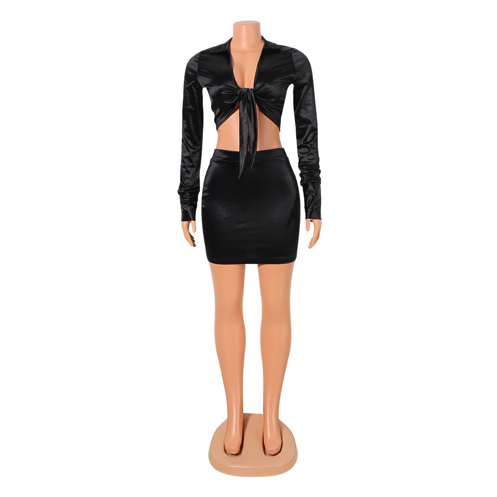 Women's Sexy Skinny Long Sleeve Two Piece Nightclub Party Tops Short Skirt Suit