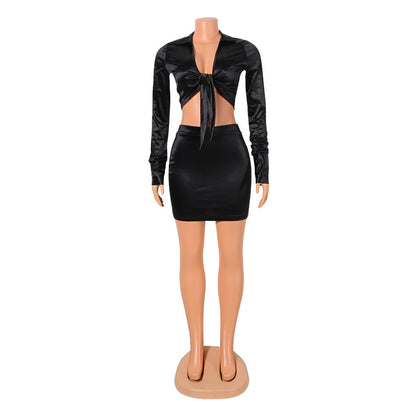 Women's Sexy Skinny Long Sleeve Two Piece Nightclub Party Tops Short Skirt Suit