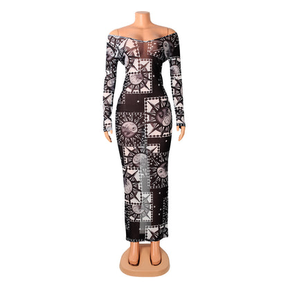 Sexy Slim Fashion See-Through Print Long Sleeve Night Clubwear Party Dress