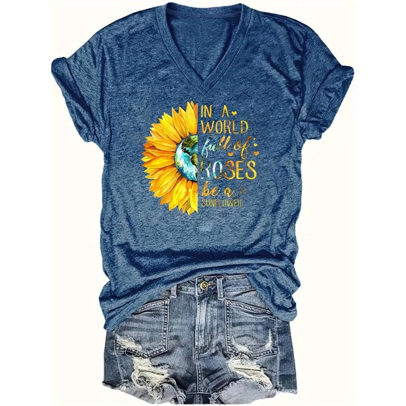 Women's V-Neck 'In A World Full of Roses Be a Sunflower' Graphic Print Tee T-shirt