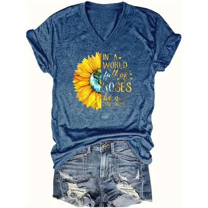 Women's V-Neck 'In A World Full of Roses Be a Sunflower' Graphic Print Tee T-shirt