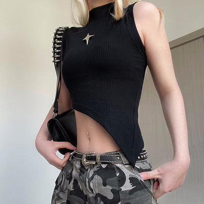 Women Metal Five-pointed Star High Neck Irregular Slim Fit Vest Tops