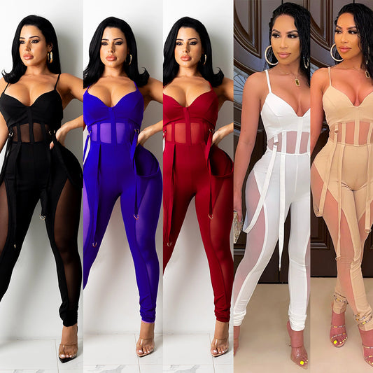 Women Mesh See-Through Sexy Suspender Nightclub Party Pant Jumpsuit