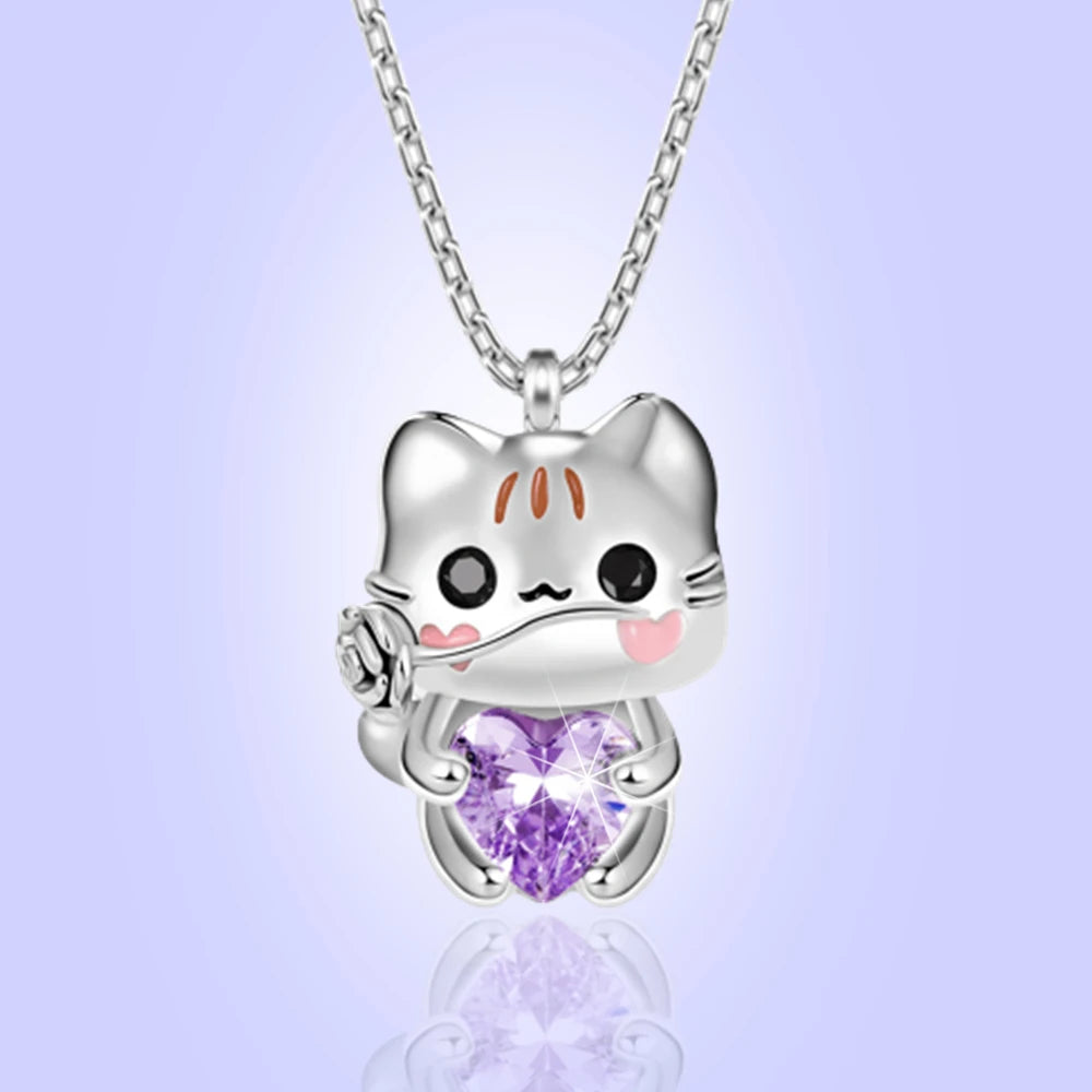 Women Fashion Cute Animal Cartoon Cat Heart Crystal Pendant Necklace Gifts