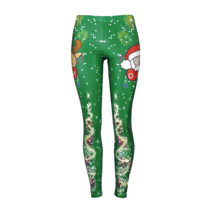 Women Santa Claus Elk Plus Size Christmas Shiny Tree Fitness Legging Pants