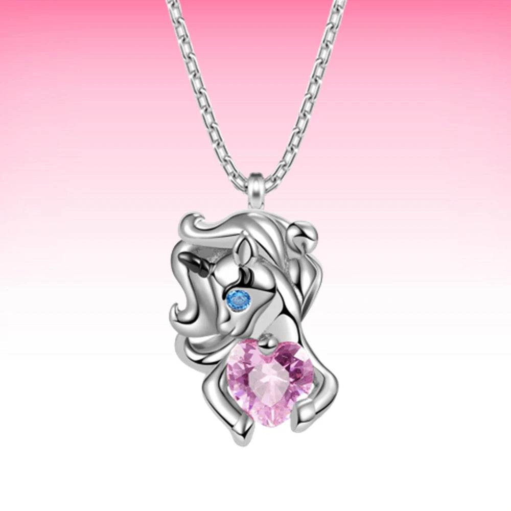 Women Girl Fashion Princess Fairy Tale Heart Pink Crystal Unicorn Pendant Necklace Gifts