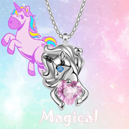 Women Girl Fashion Princess Fairy Tale Heart Pink Crystal Unicorn Pendant Necklace Gifts