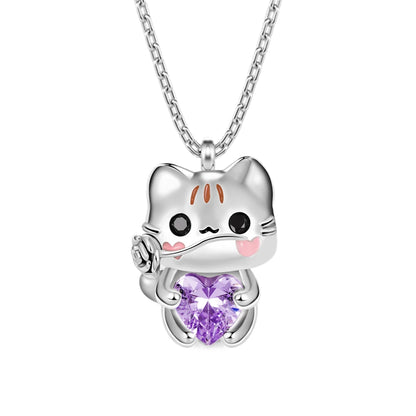 Women Fashion Cute Animal Cartoon Cat Heart Crystal Pendant Necklace Gifts