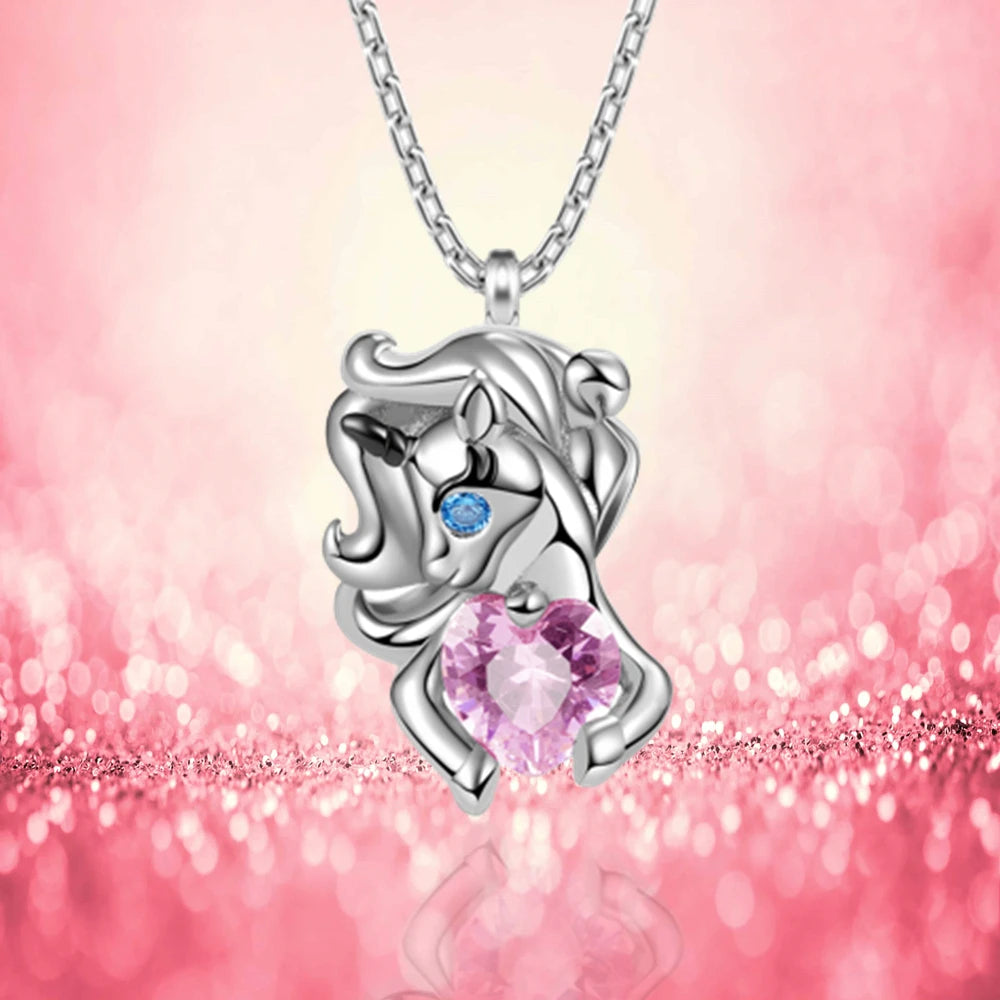 Women Girl Fashion Princess Fairy Tale Heart Pink Crystal Unicorn Pendant Necklace Gifts