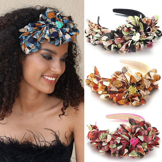 Women Exaggerated fabric oversized flower leaf pattern Headband Hairpiece Wear