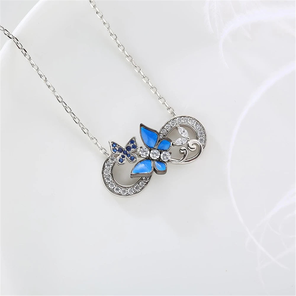 Women Fashion Infinity Ring Big Blue Butterfly Rhinestone Pendant Necklace