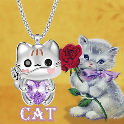 Women Fashion Cute Animal Cartoon Cat Heart Crystal Pendant Necklace Gifts