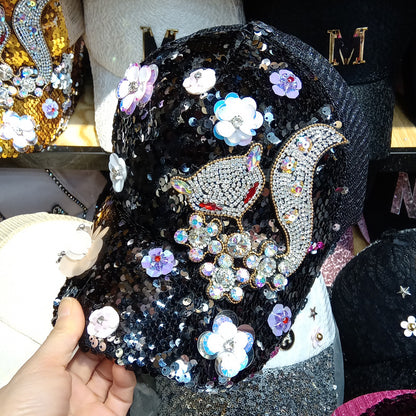 Women Rhinestone Flower Baseball Fashion Sequined Peaked Cap Hats