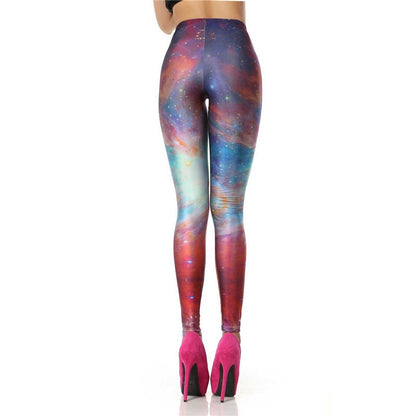 Women 3d Digital High Waist Elastic Slim Colorful Galaxy Printed Leggings Pants