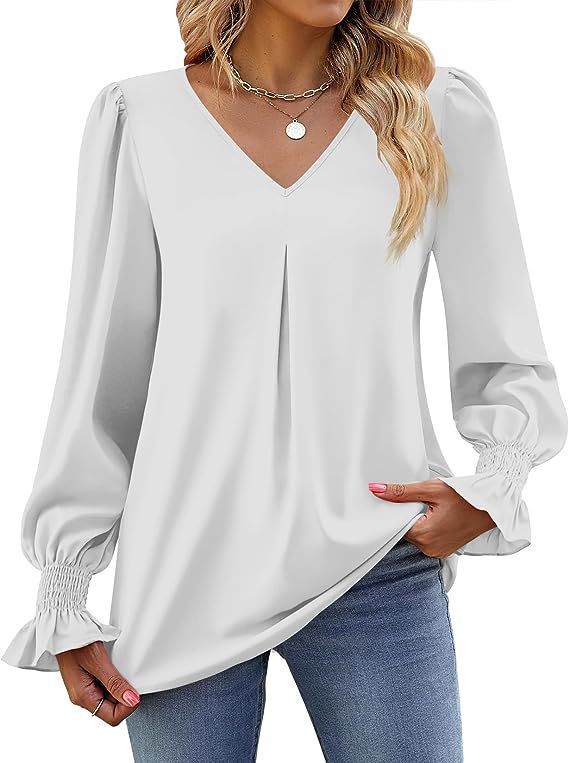 women solid color chiffon V-neck pullover flared long-sleeved tops shirt