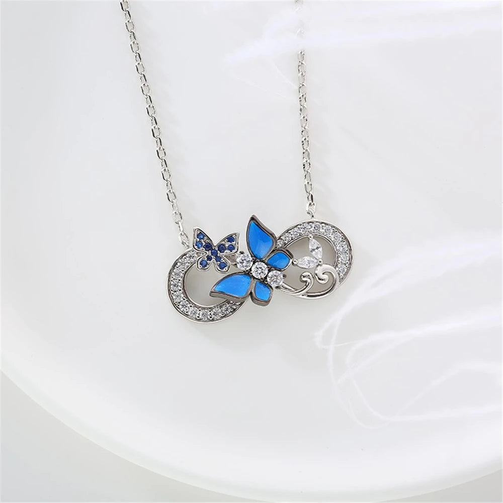 Women Fashion Infinity Ring Big Blue Butterfly Rhinestone Pendant Necklace