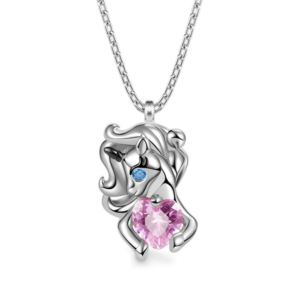 Women Girl Fashion Princess Fairy Tale Heart Pink Crystal Unicorn Pendant Necklace Gifts