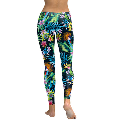 Women Digital 3D Flower Printed Lilies Birds Workout High Wait Elastic Leggins Pants