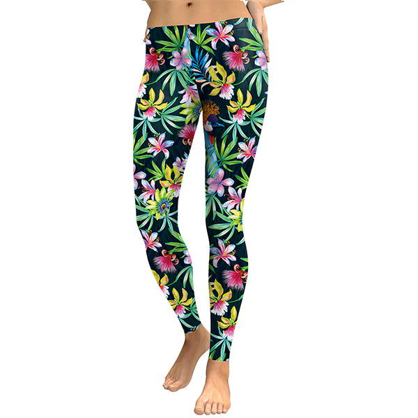 Women Digital 3D Flower Printed Lilies Birds Workout High Wait Elastic Leggins Pants