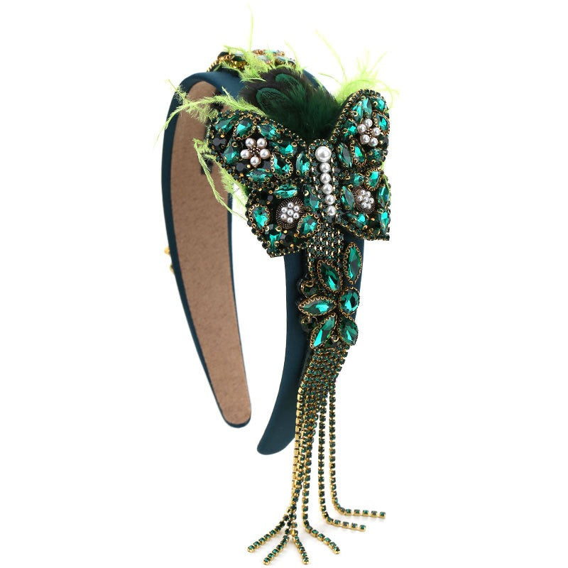 Women Colorful butterfly rhinestone tassel feather headband headwear