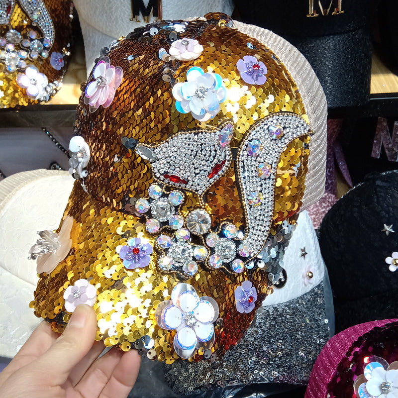 Women Rhinestone Flower Baseball Fashion Sequined Peaked Cap Hats