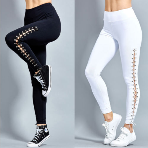 Women High Waist Fitness Lace Up Black White Solid Leggings Pant Trousers