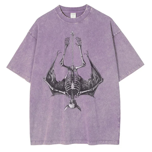 Men Fashion Bat Upside Down Skeleton Cotton Distressed Washed Retro Gothic Loose Shirt Tops