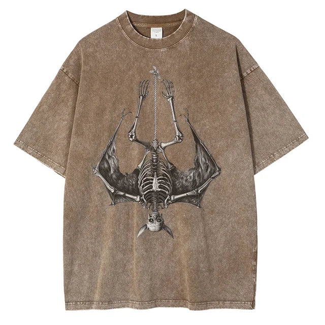 Men Fashion Bat Upside Down Skeleton Cotton Distressed Washed Retro Gothic Loose Shirt Tops