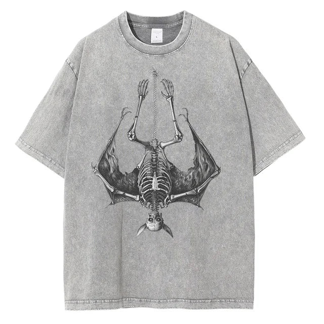 Men Fashion Bat Upside Down Skeleton Cotton Distressed Washed Retro Gothic Loose Shirt Tops