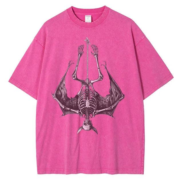 Men Fashion Bat Upside Down Skeleton Cotton Distressed Washed Retro Gothic Loose Shirt Tops