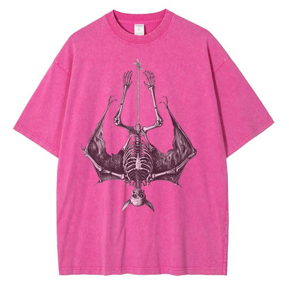 Men Fashion Bat Upside Down Skeleton Cotton Distressed Washed Retro Gothic Loose Shirt Tops