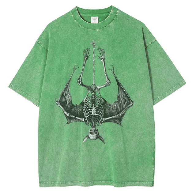 Men Fashion Bat Upside Down Skeleton Cotton Distressed Washed Retro Gothic Loose Shirt Tops