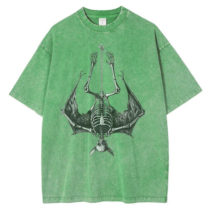 Men Fashion Bat Upside Down Skeleton Cotton Distressed Washed Retro Gothic Loose Shirt Tops