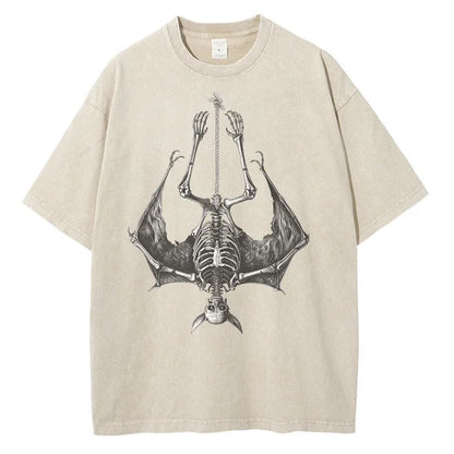 Men Fashion Bat Upside Down Skeleton Cotton Distressed Washed Retro Gothic Loose Shirt Tops