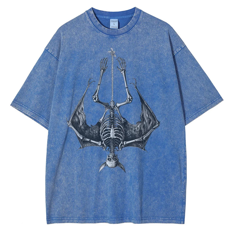 Men Fashion Bat Upside Down Skeleton Cotton Distressed Washed Retro Gothic Loose Shirt Tops